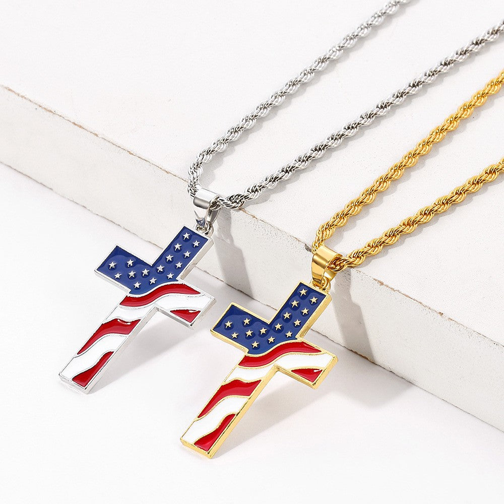 Wholesale Independence Day American Flag Cross Gold Plated Alloy Necklaces ACC-NE-Aya002