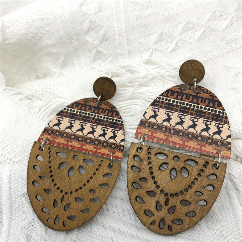 Wholesale Boho Style Cutout Printed Oval Wooden Earrings ACC-ES-FX005