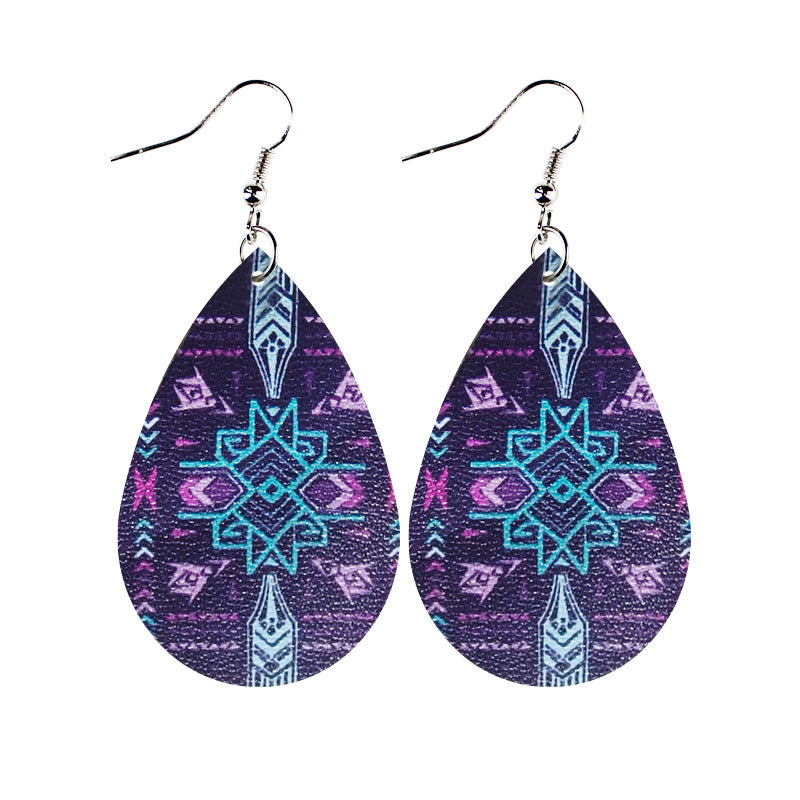 Wholesale Western Style Ethnic Totem Pattern Striped Leather Drop Shape  Earrings