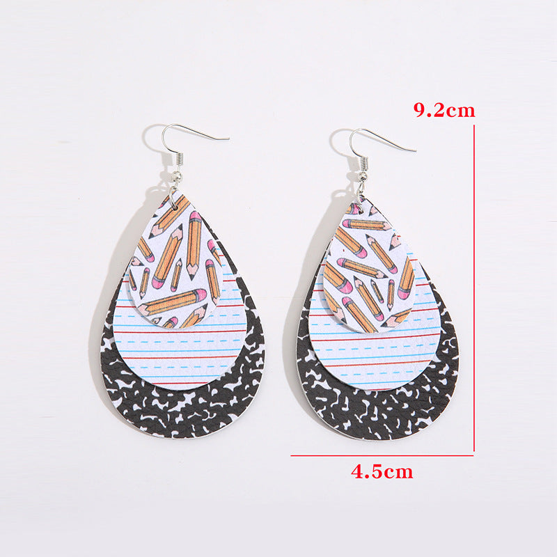 Wholesale drop-shaped three-layer graduation season printed leather earrings