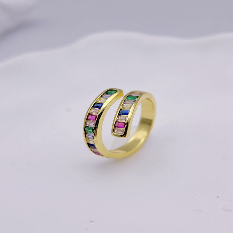 Wholesale Rainbow Color Rectangular Zirconia Double Line Open Rings ACC-RS-YXY031