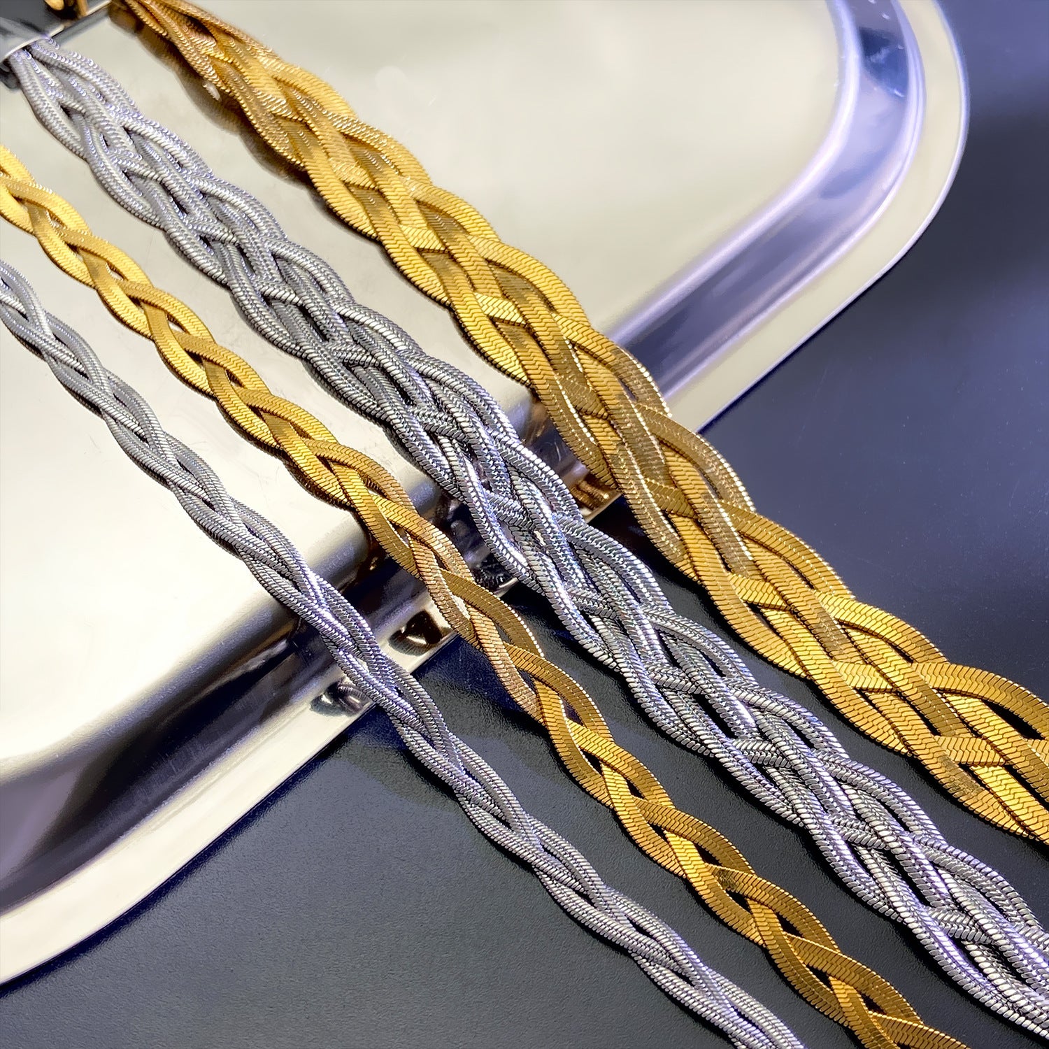 Wholesale Light Luxury Flat Three-layer Snake Bone Chain Gold-plated Necklaces Bracelets ACC-NE-MY014