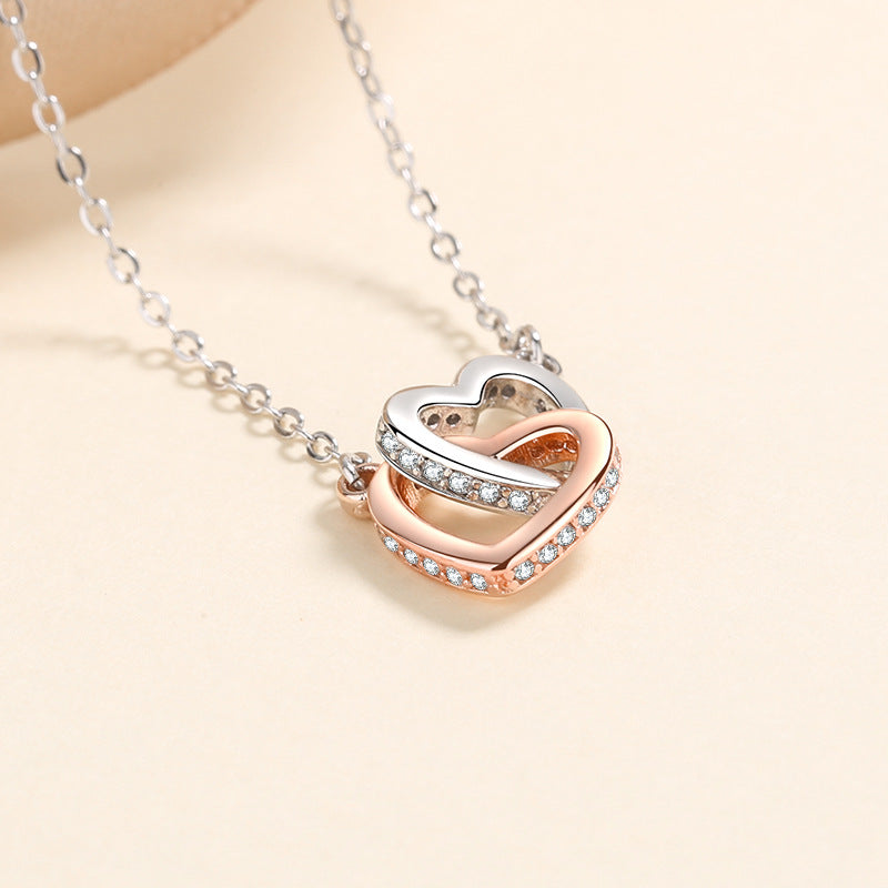 Wholesale S925 Silver Heart to Heart Double Ring Silver Necklace
