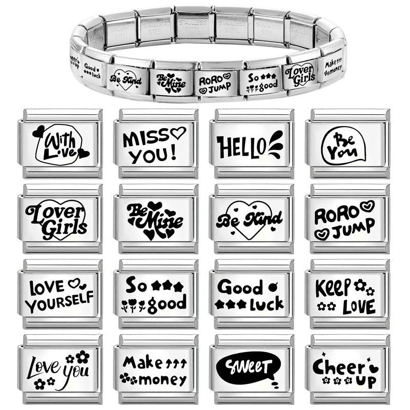 Wholesale Italian Charm Bracelet 9mm DIY Splicing Black and White Lettering Stainless Steel Composable Bracelet