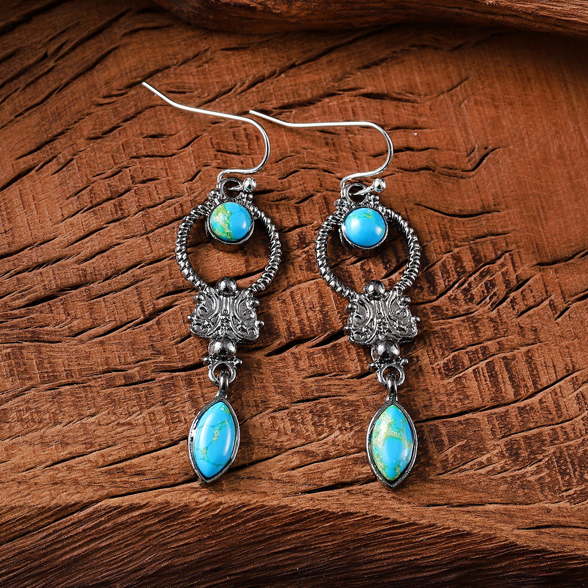 Wholesale European and American Fashion Retro Turquoise Geometric Pendant Earrings Women' s Exquisite and Elegant Versatile Elegant Ear Jewelry