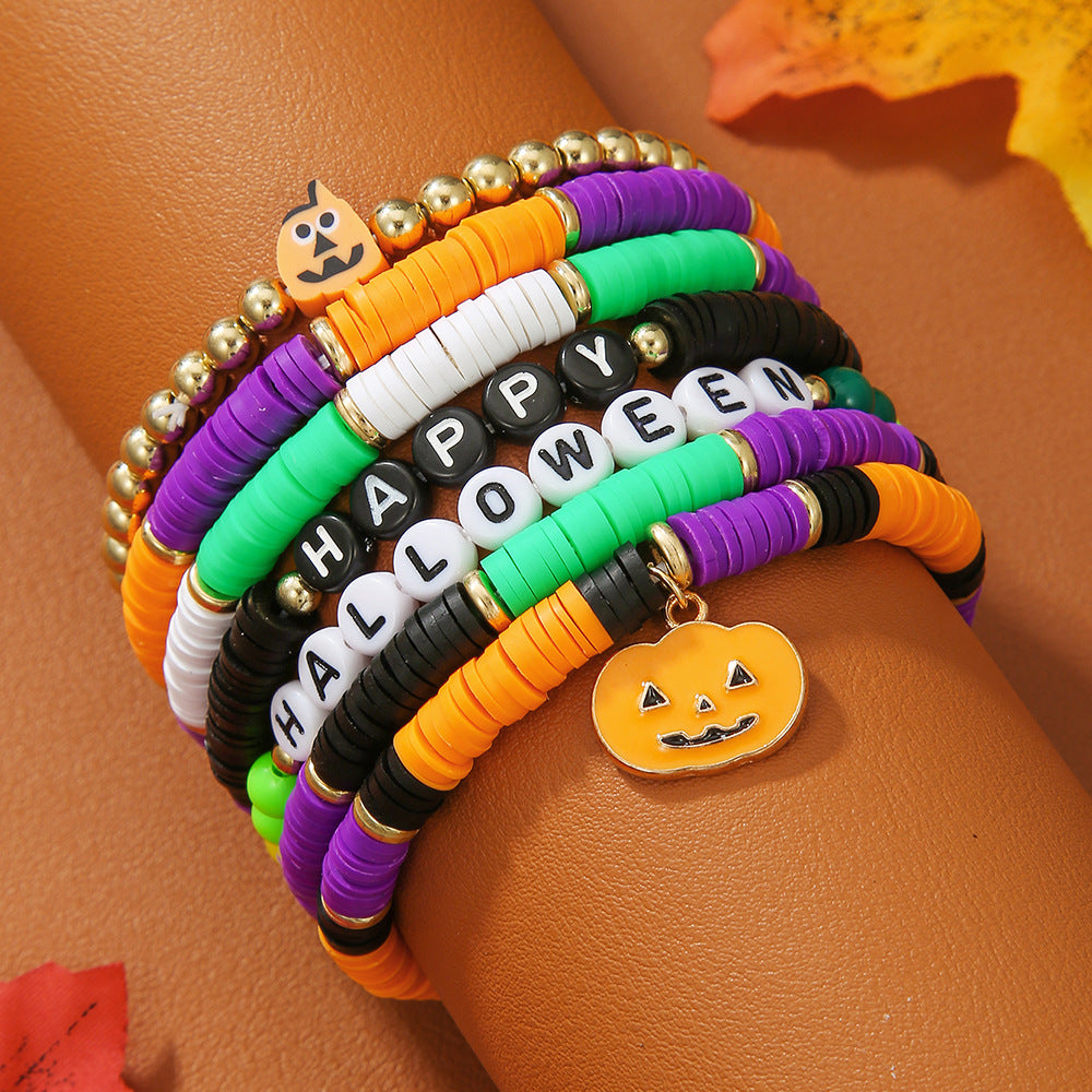 Wholesale Alloy Electroplated  Beaded Bracelet Set with Pumpkin Skull Charms,  Fashion Gift for Women Boutique Resale