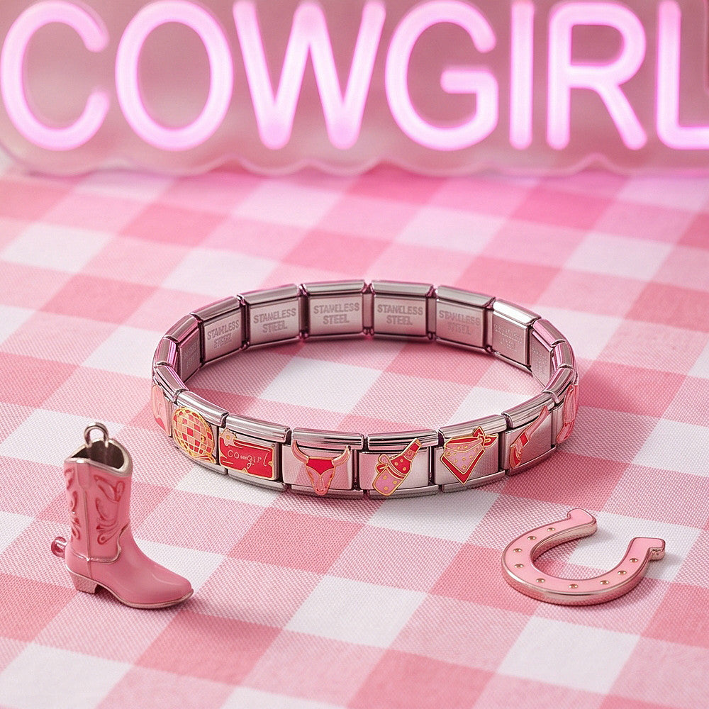 Wholesale Pink Western Cowboy Theme Stainless Steel Modular DIY Bracelet Jewelry Accessory For Party Gift Boutique Resale