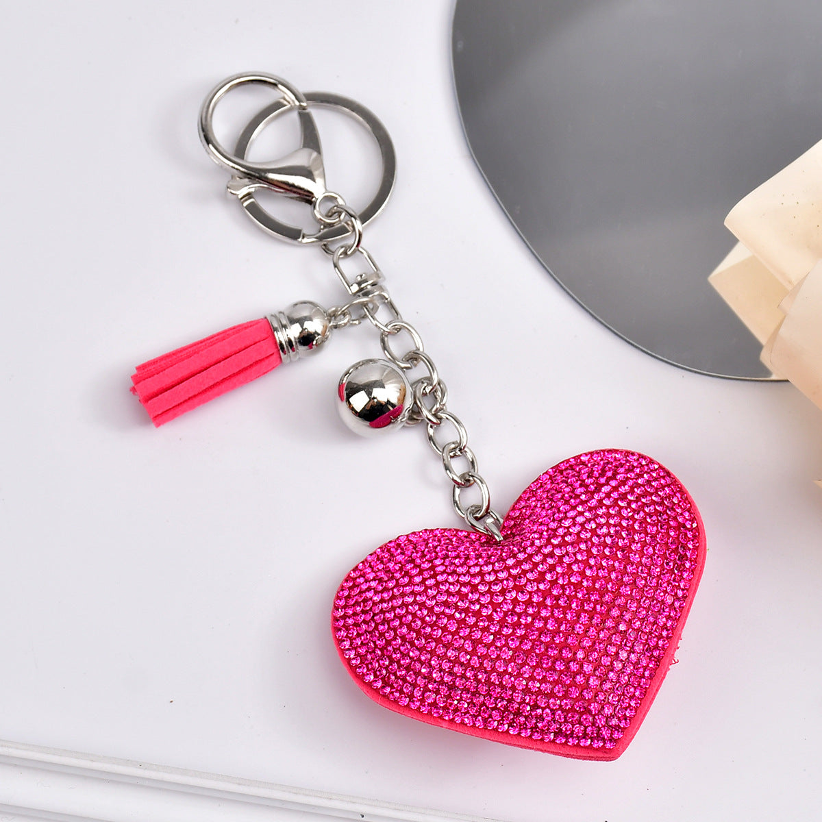 Wholesale  Peach Heart Rhinestone Leather Keychain