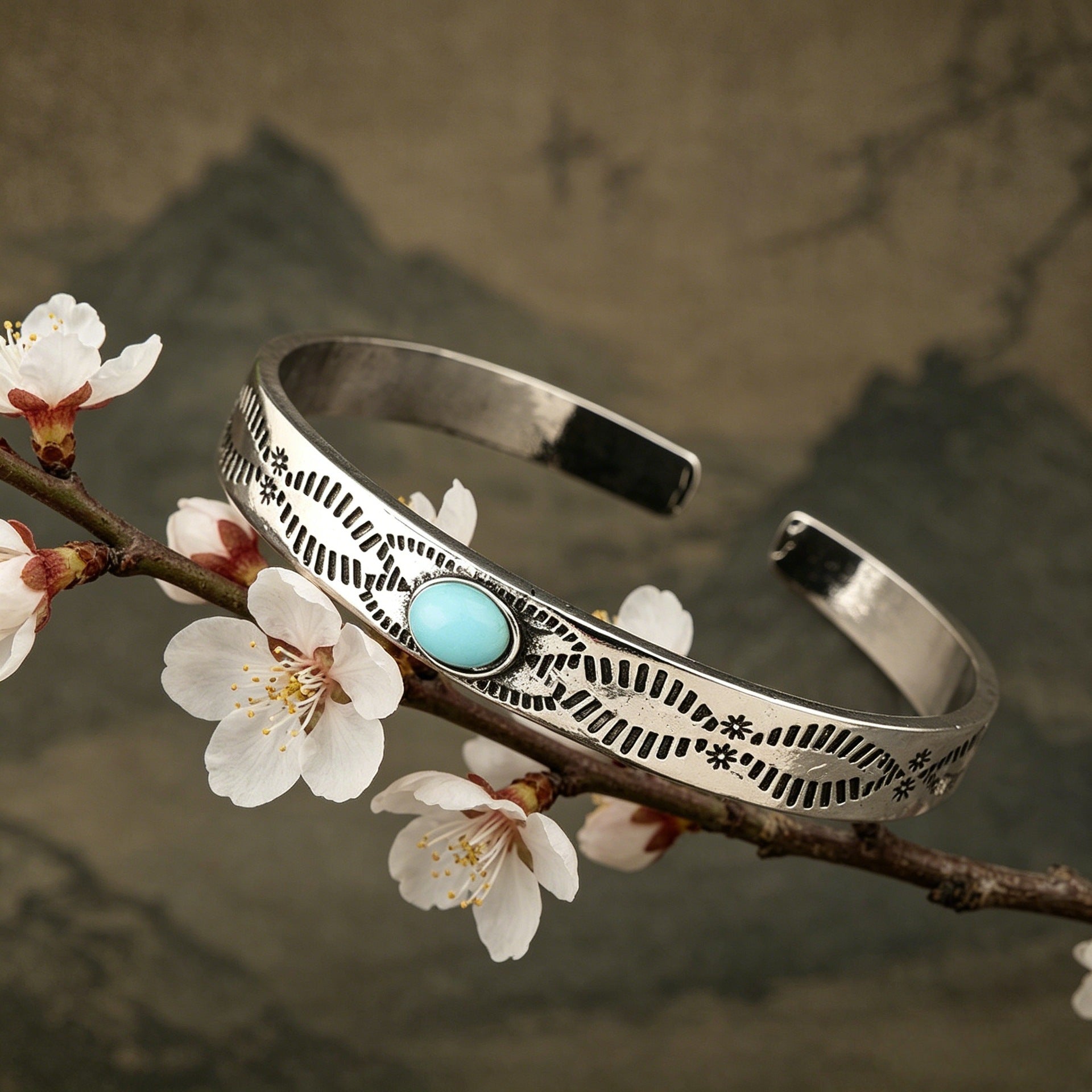 Wholesale Antique Silver Alloy Turquoise Bracelet Bohemian Geometric Totem Design Fashion Jewelry Accessory