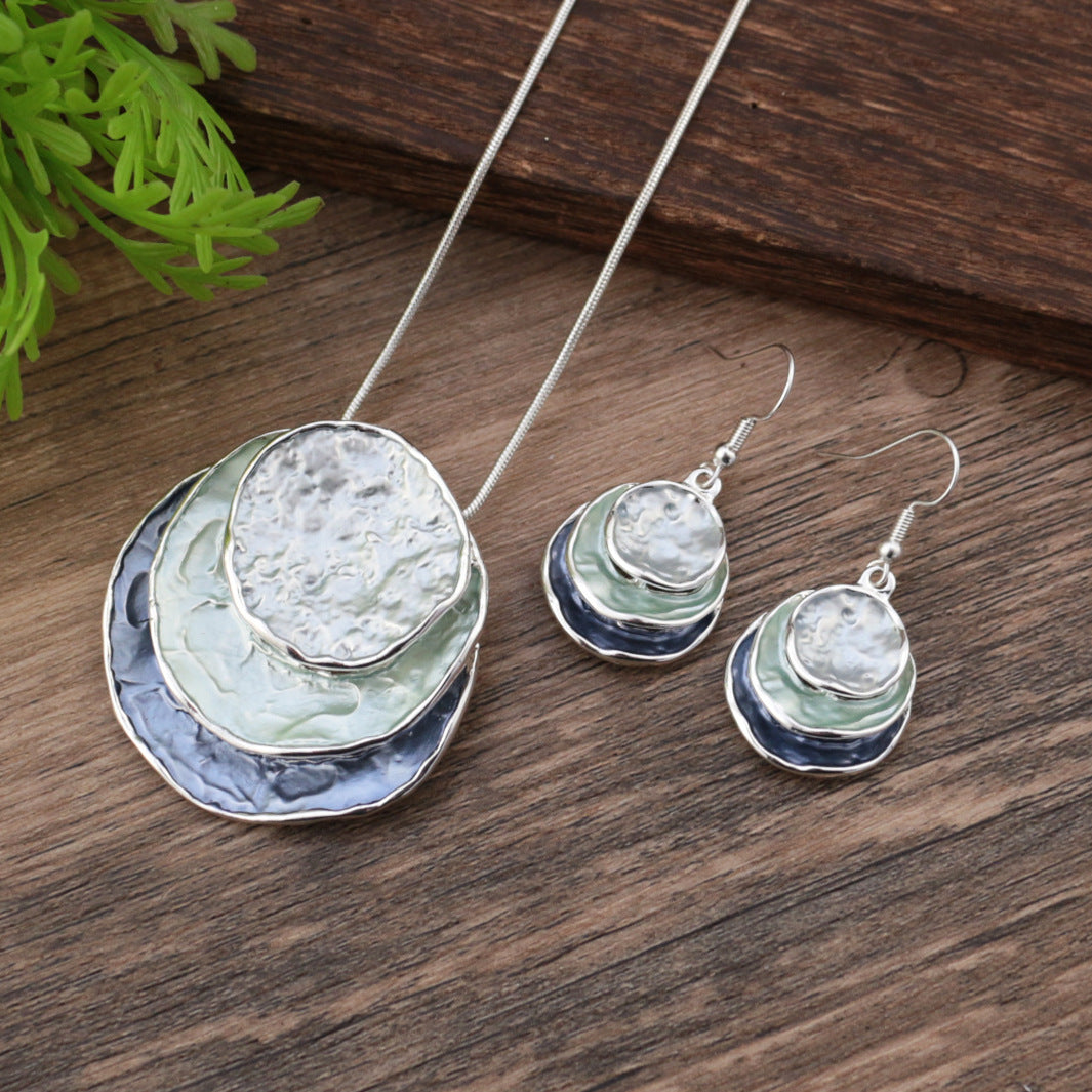 Wholesale  color painting oil three-layer ring hollow pendant earrings suit