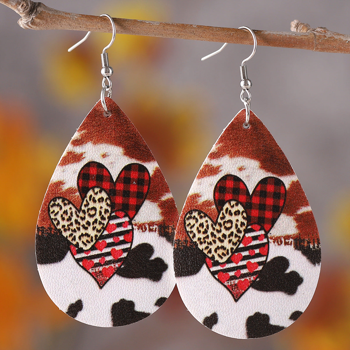 Wholesale PU leather Valentine' s Day checkered letter leopard print heart earrings