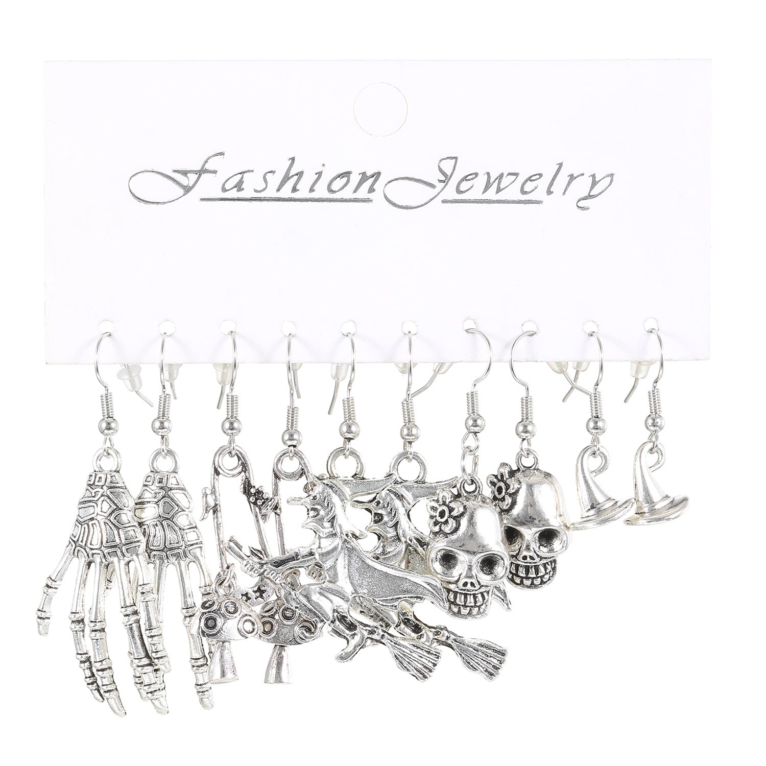 Wholesale Alloy Ancient Silver  Statement Earrings Set – 5 Pairs Pumpkin Skull  Theme,  Party Fashion Accessory