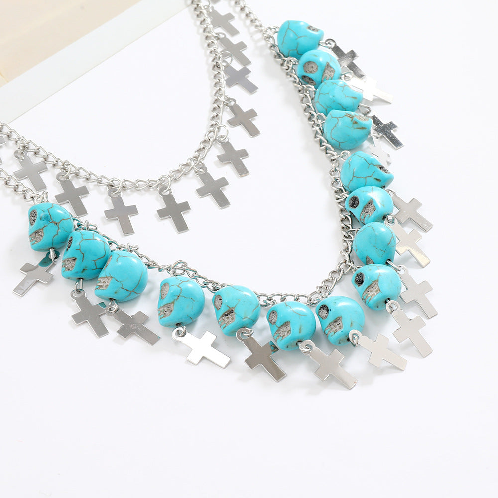 Wholesale Alloy  Punk Skull Cross Tassel Multi-Layer Necklace Fashion Accessory Gift