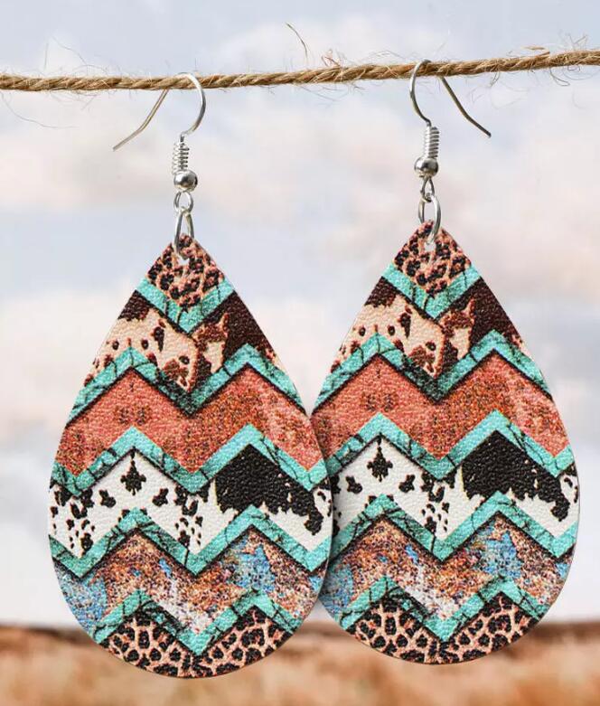 Wholesale Retro Western Drop-Shaped Leather Earrings with Leopard Print - Trendy Fashion Accessory for Gift or Boutique Resale