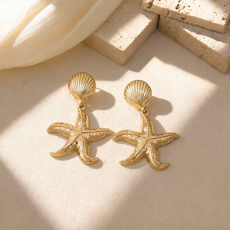 Wholesale Ocean-Inspired Textured Gold Conch and Starfish Stud Earrings