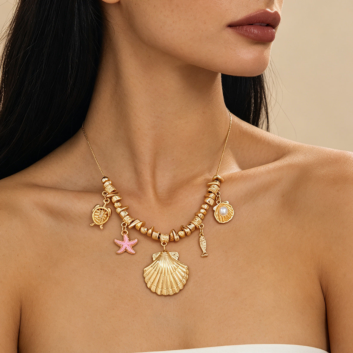 Wholesale Vintage Gold Sea Life Charm Necklace Starfish Turtle Fish Pearl Scallop Pendants Fashion Jewelry Accessory For Women Gift
