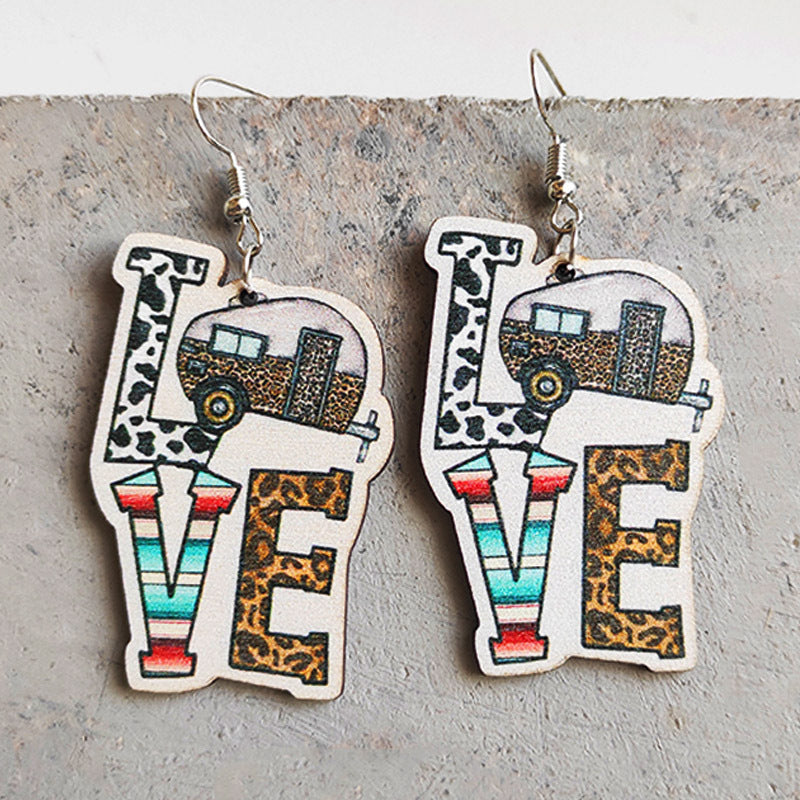 Wholesale 2 pairs/pack Western Style Camping Cow Print Leopard Print Aztec Wooden Earrings ACC-ES-HY001