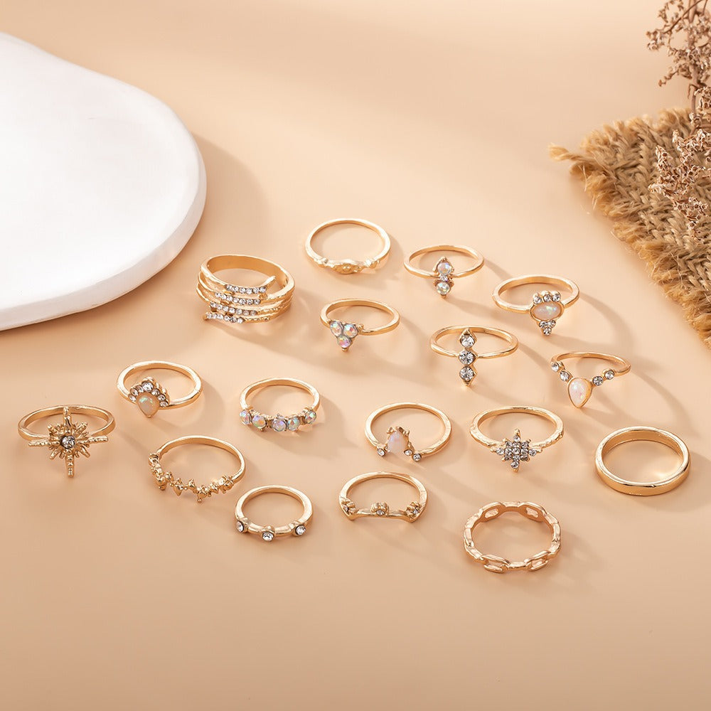 Wholesale  Bohemian Style Sun Star Crown Diamond 17-Piece Ring Set