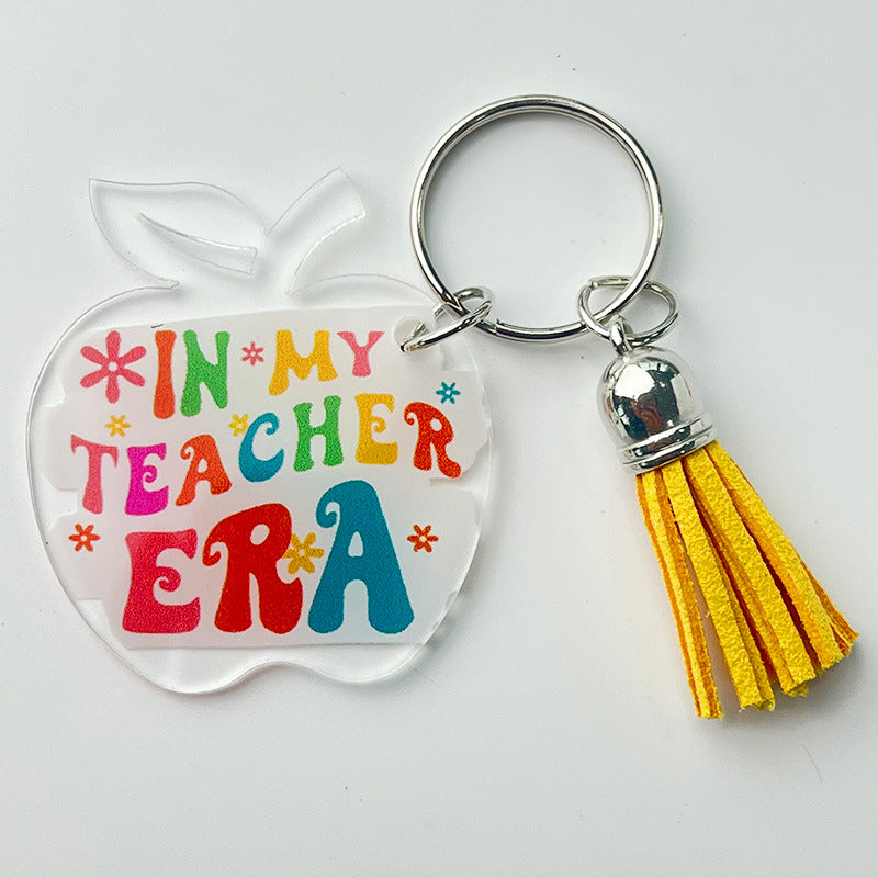 Wholesale of 2pcs/pack Teacher Gifts, Thank-you Text, Apple, Sunflower, Tassels Acrylic Keychain ACC-KC-HY012