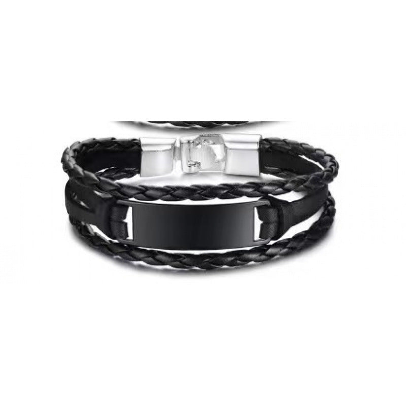Wholesale Leather Steel Plate Bracelet,  Black Woven Steel Plate with Engraved Text,  Stainless Steel Tongue Clasp Leather Bracelet,  Three-Layer Leather Steel Plate Bracelet