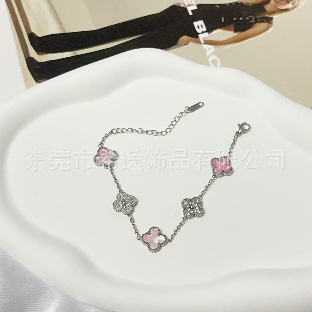 Wholesale Trendy Four-Leaf Clover Rhinestone Bracelet Titanium Steel Jewelry for Office Ladies Everyday Wear Gift