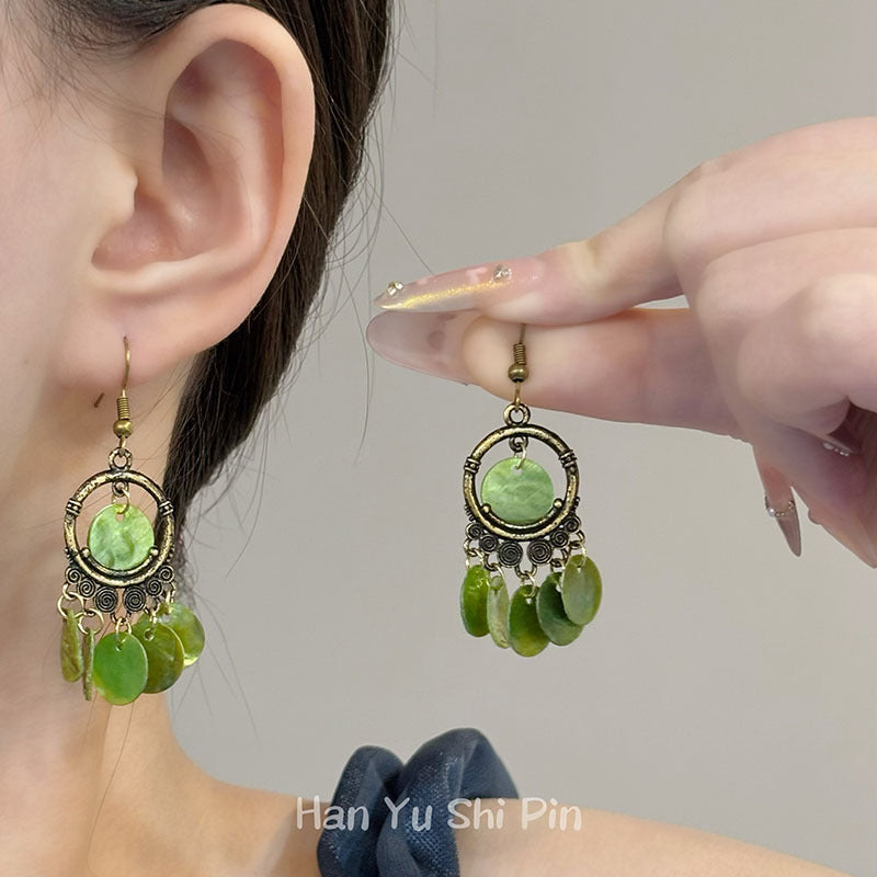 Wholesale Vintage Green Geometric Tassel Earrings Electroplated Mixed Material Jewelry Accessory