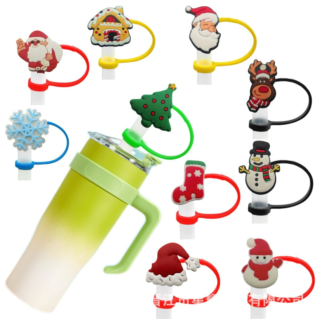 Wholesale 10pcs Christmas themed food grade silicone Straw Cover Straw Tube Cap