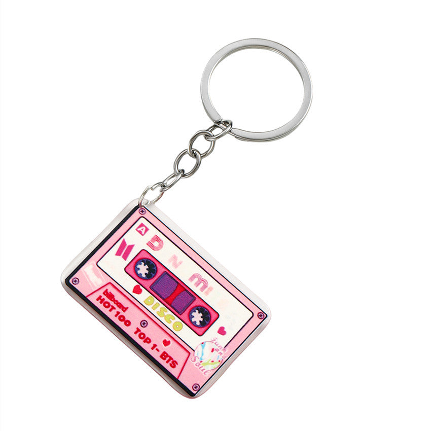 Wholesale Color Acrylic Tape Keychain Pendant Color Printing Retro Music English Keychain