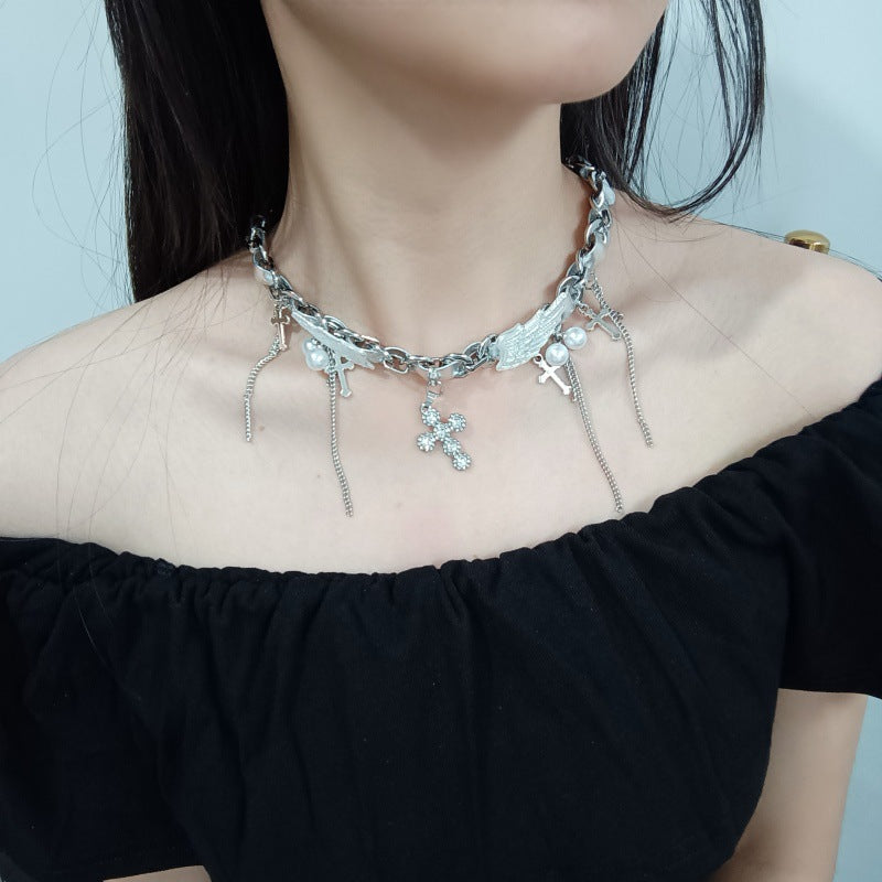 Wholesale Stitching Silver Wings Angel Wings Cross Necklace