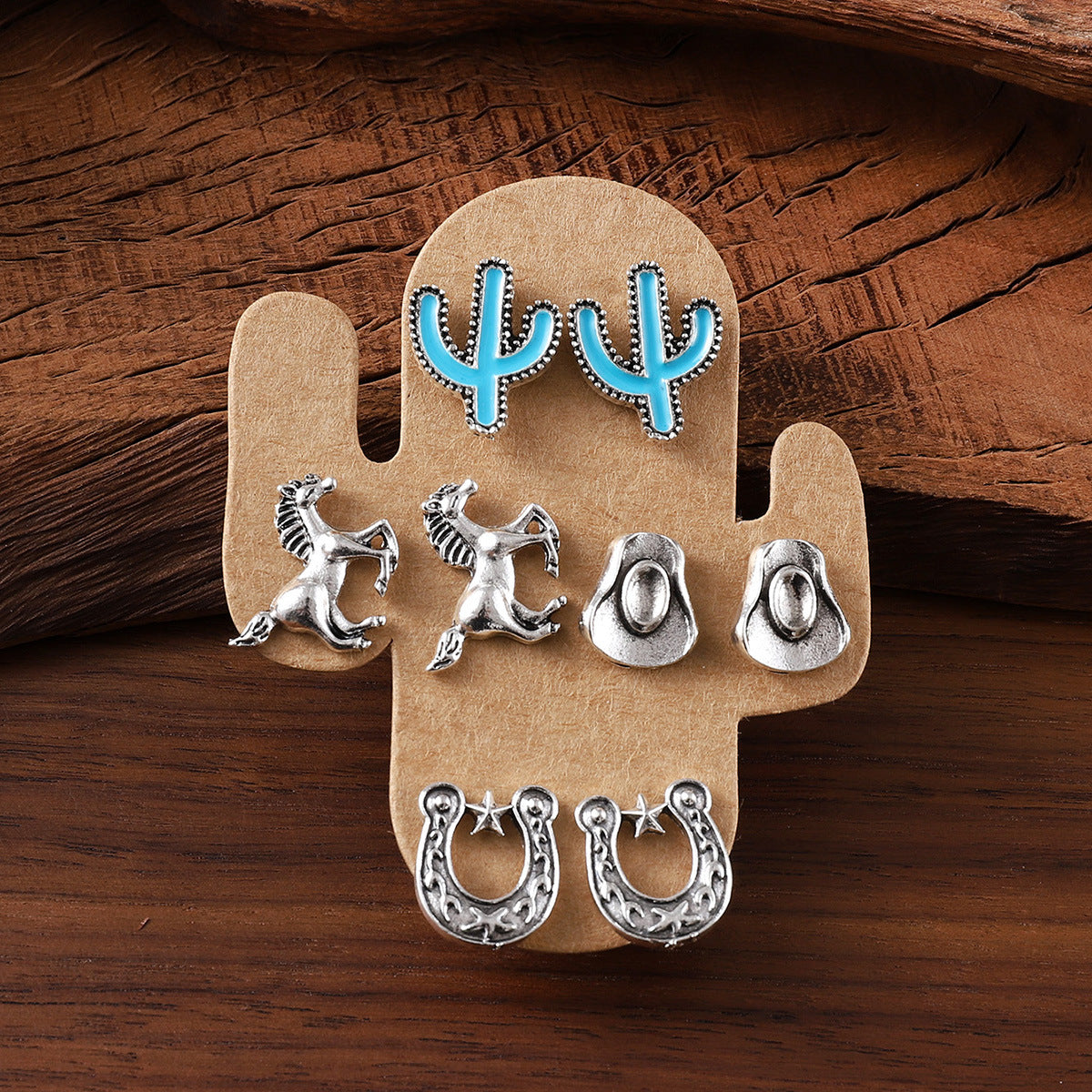 Wholesale Flower horseshoe cactus heart cowboy boots stud earrings set