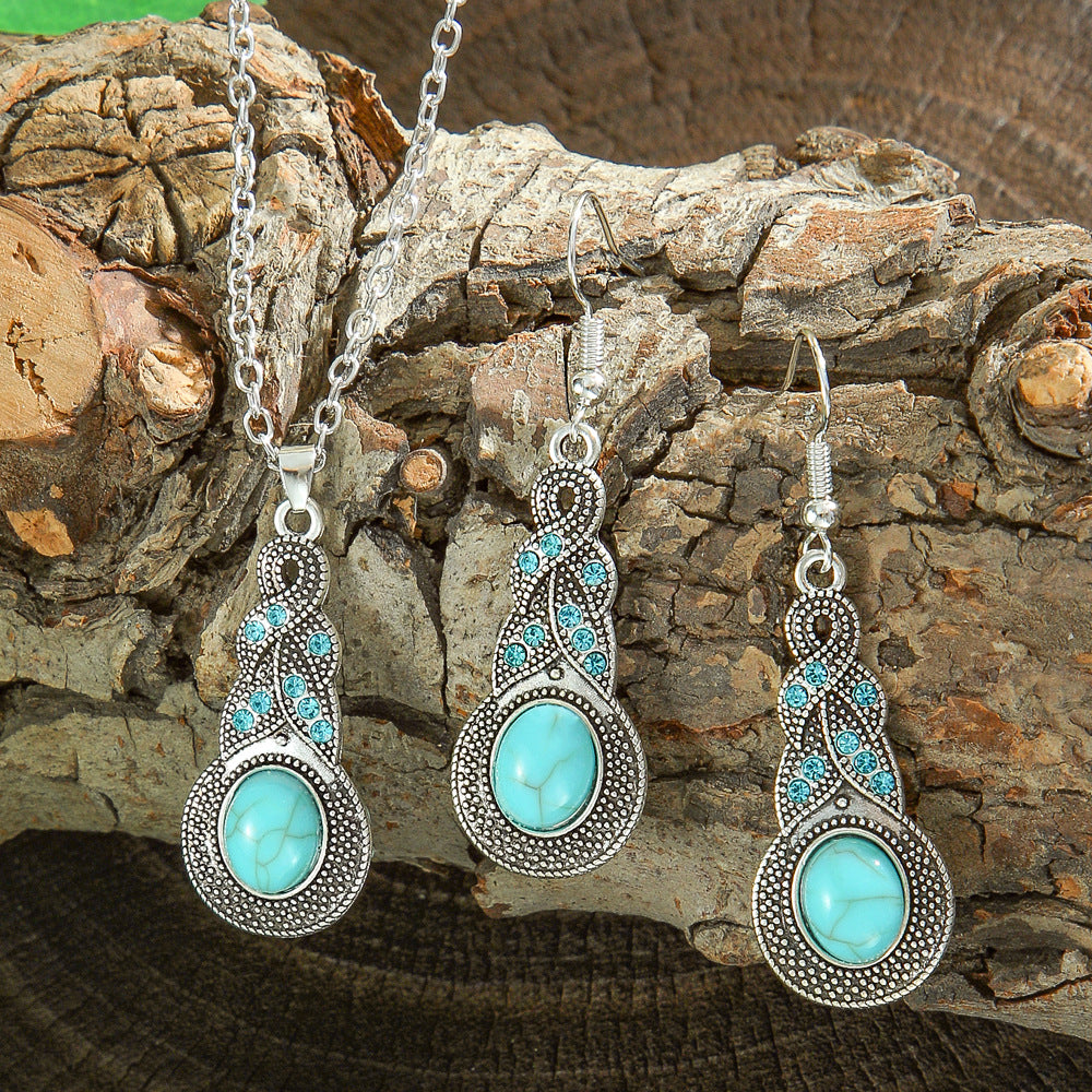 Wholesale Cross-border Amazon popular ethnic style earrings European and American turquoise retro National style earrings necklace suit jewelry