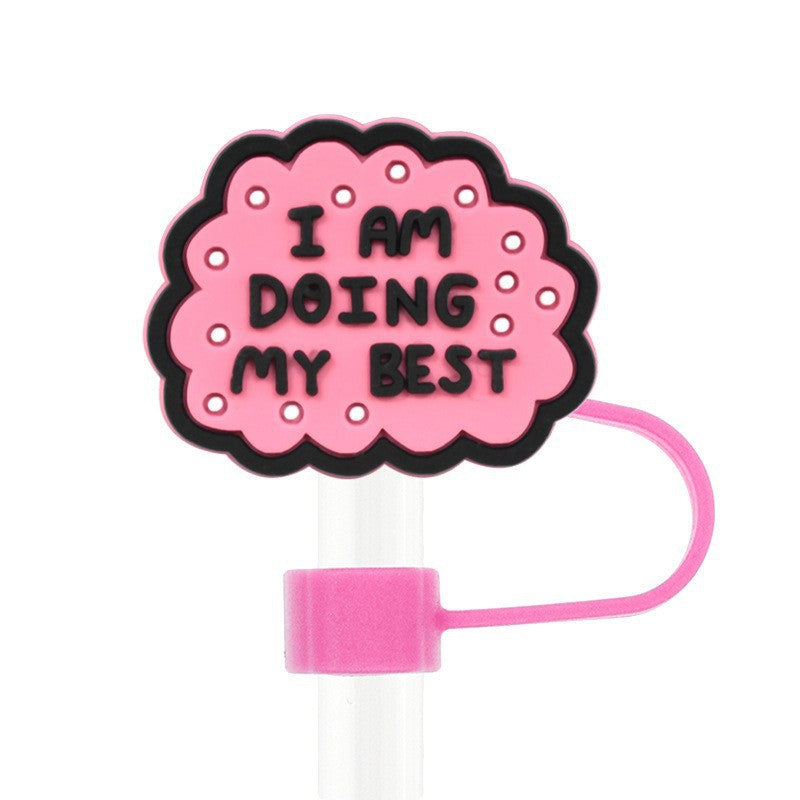Wholesale Random 50pcs 10mm Cute Cartoon English Phrase PVC Soft Straw Tube Cap