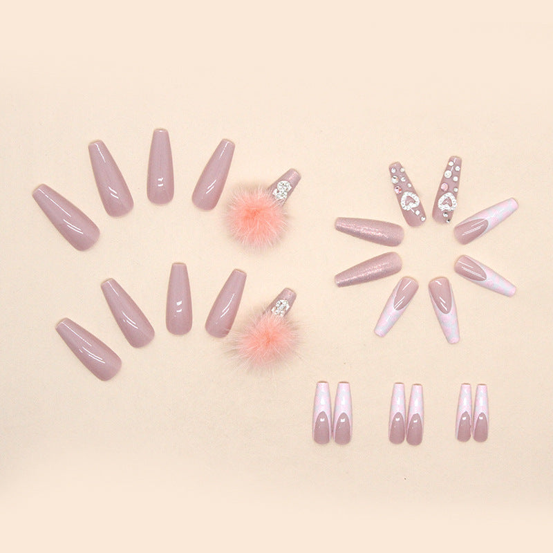 Wholesale 24 Pieces/box Pink Fur Ball Diamond Love Manicure Press-on Nails Kits Ballet Nail Stickers ACC-NS-SanWei001
