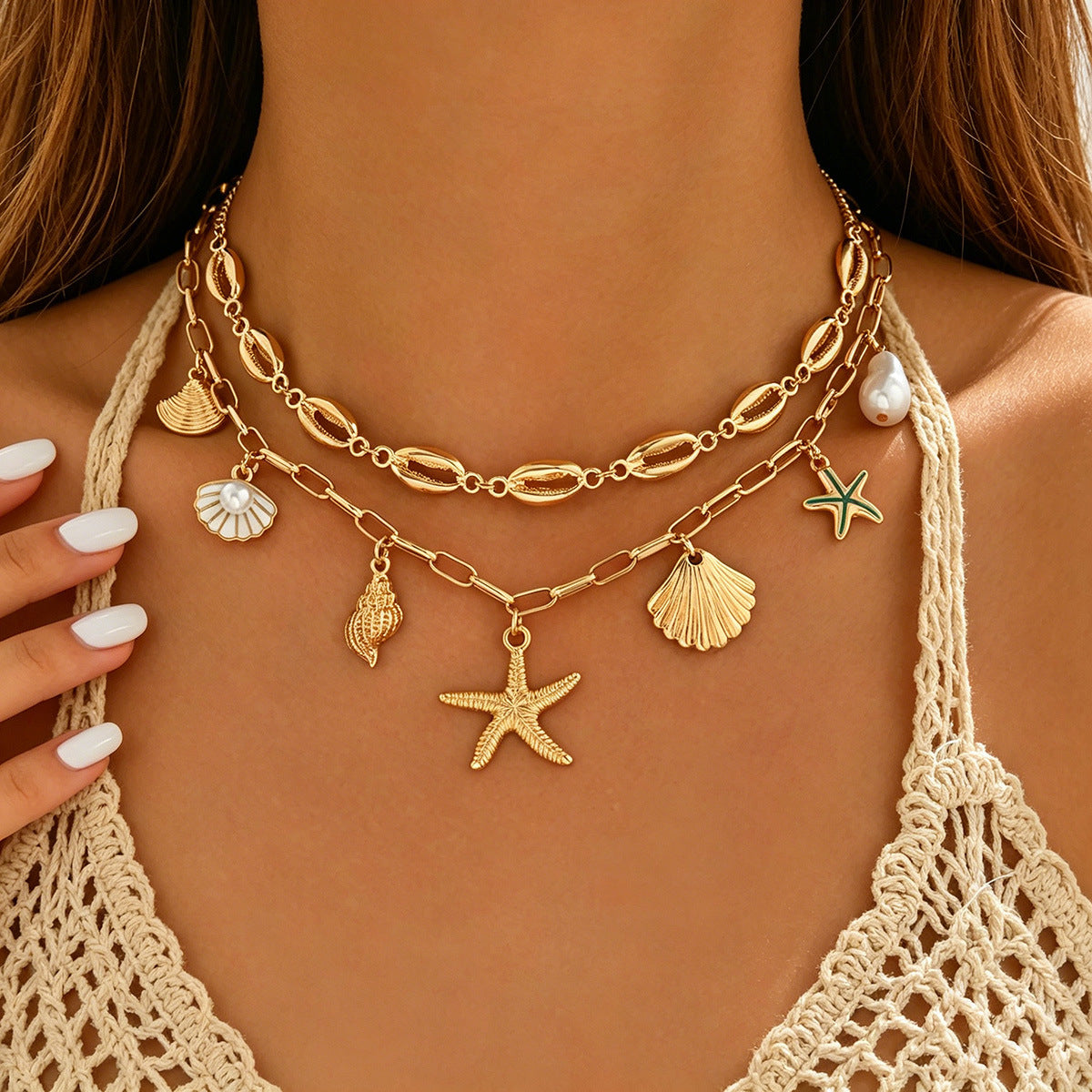 Wholesale Starfish Shell Pendant Layering Necklace,  Trendy Fashion Accessory for Summer Beach Style Boutique Resale