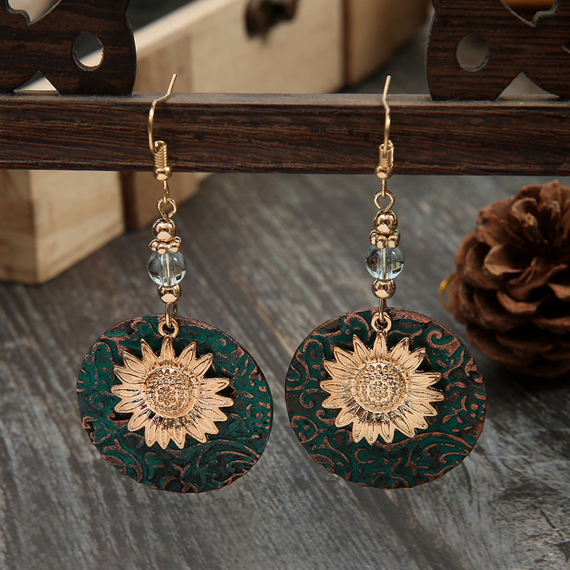 Wholesale Retro Bohemian Double-Layer Sunflower Earrings,  Alloy Electroplated Jewelry Accessory for Boutique Resale