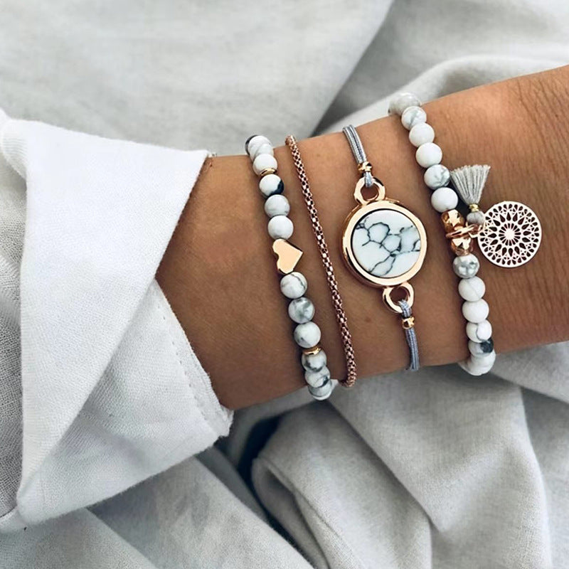 Wholesale Women' s Turquoise Beaded Bracelet Set 4 Pieces Creative Tassel Round Stone Bracelet Gift