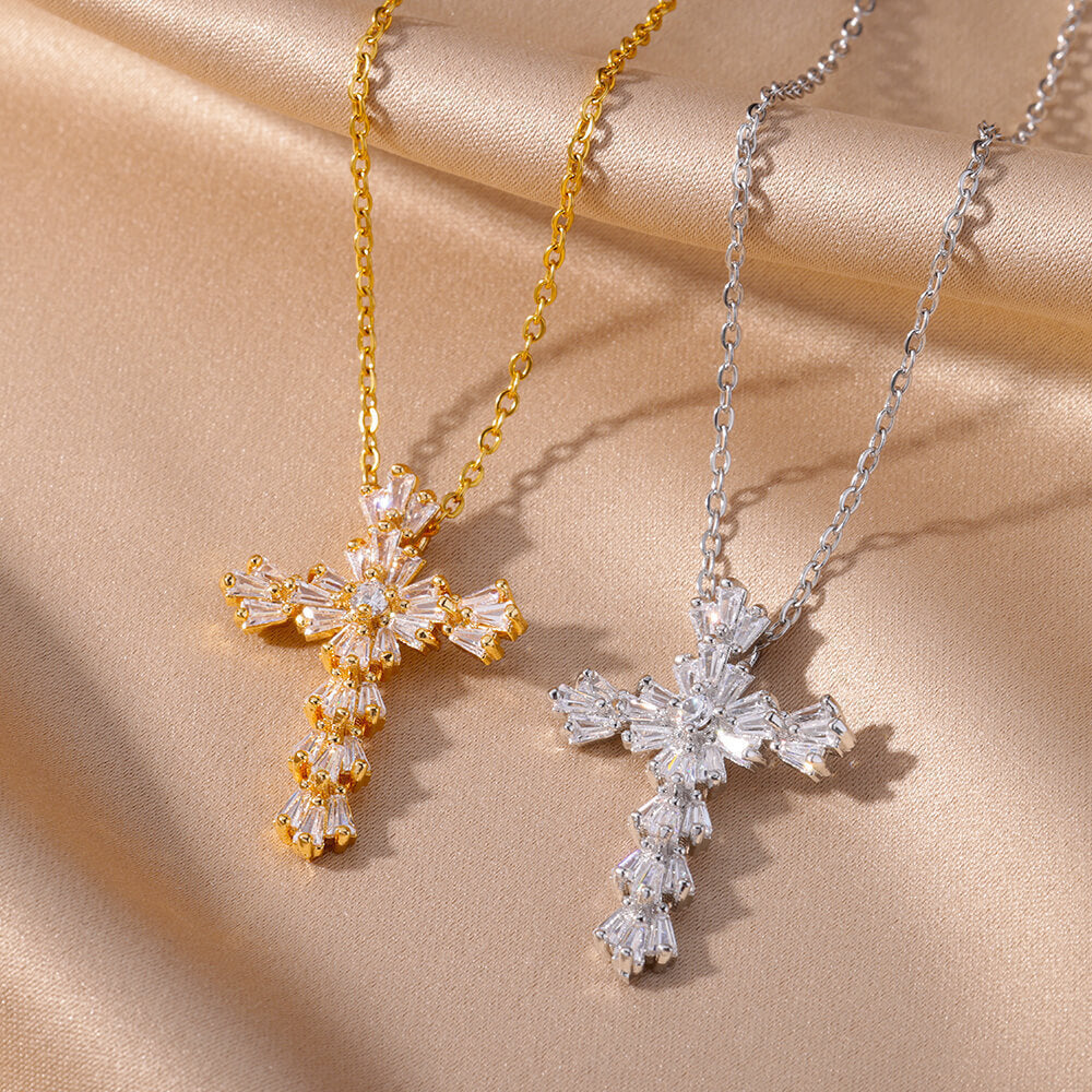 Wholesale Copper Zircon Cross Pendant Necklace for Women,  Gold and White,  Fashion Jewelry Gift