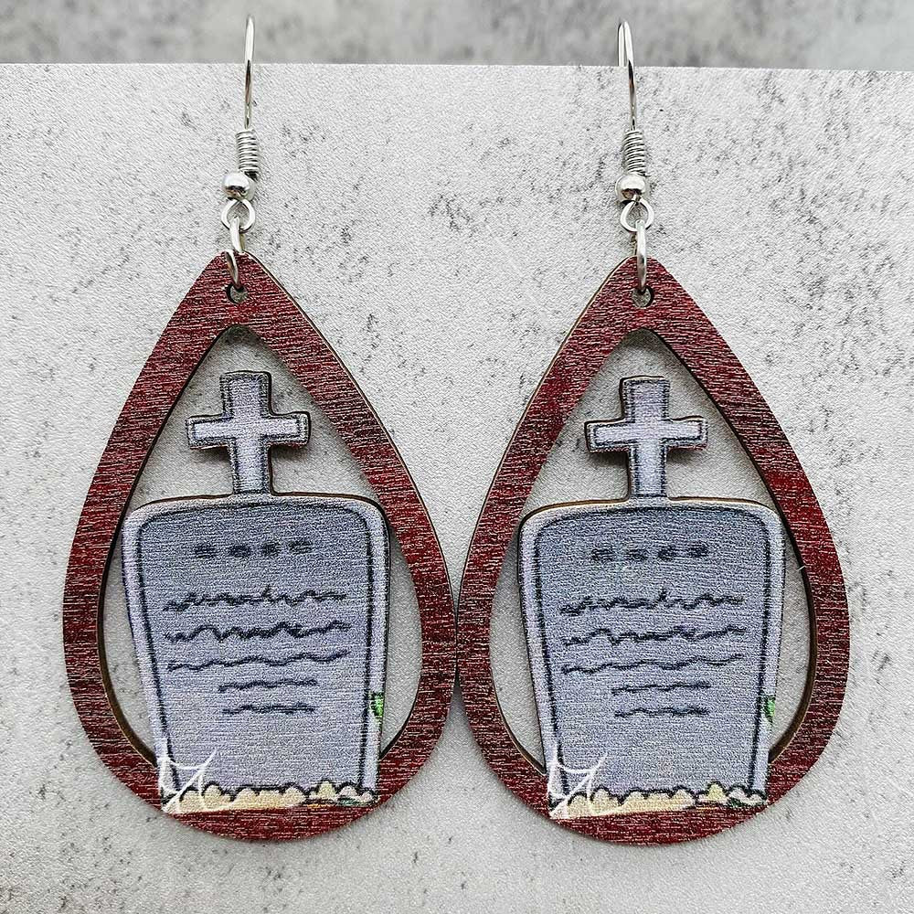 Wholesale  Halloween earrings horror ghost witch medicine jar printed wooden earrings