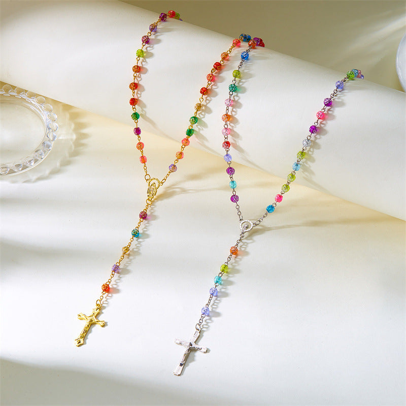 Wholesale Petal-shaped Colored Beads Madonna Cross Necklace Long Chain