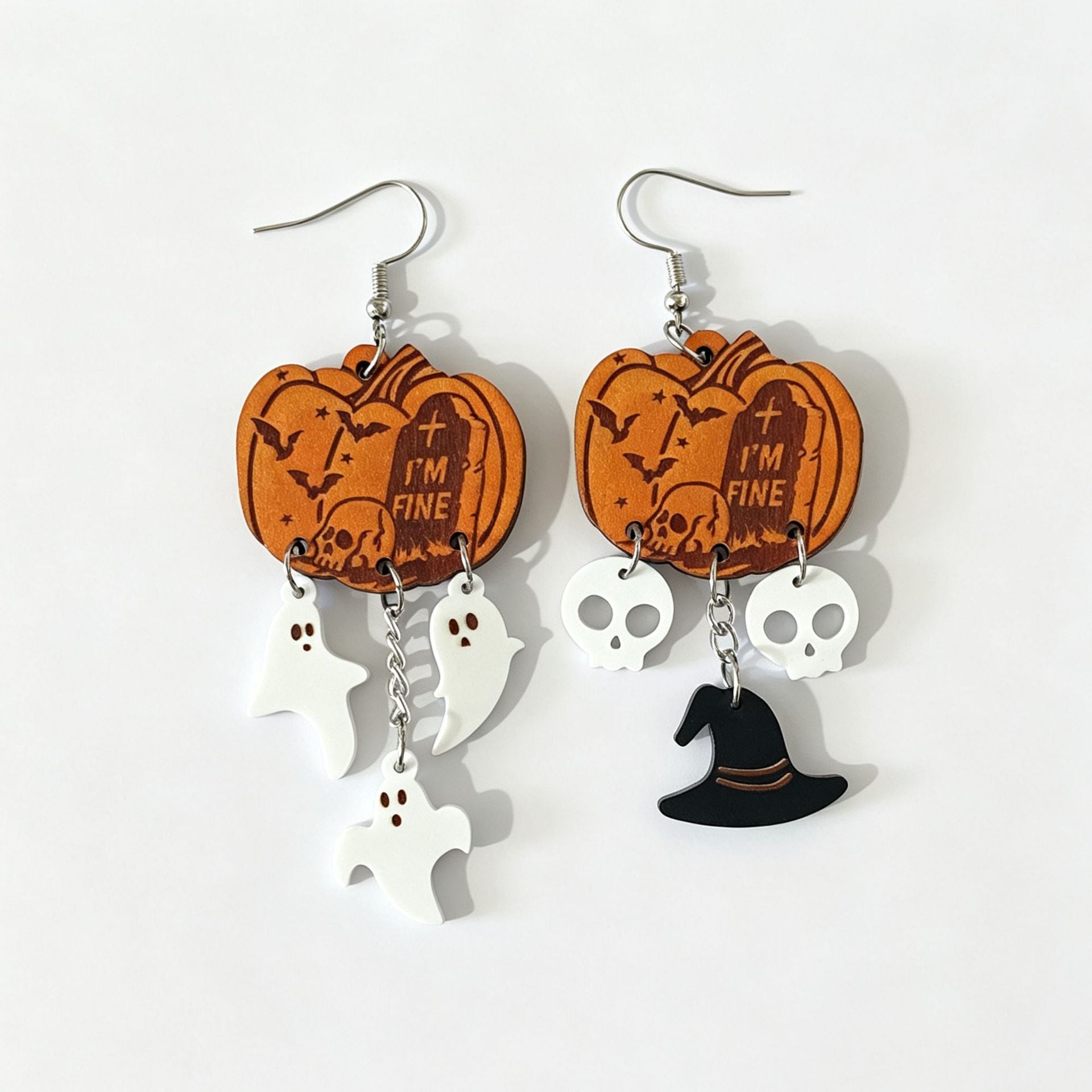 Wholesale Wooden  Earrings Pumpkin Ghost Witch Hat Skull Tombstone Jewelry Accessory For Women