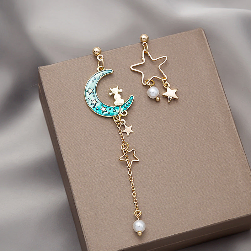 Wholesale Dripping Oil Gradient Asymmetric Cat Moon Star Long Tassel Earrings Fashion Jewelry Accessory Gift