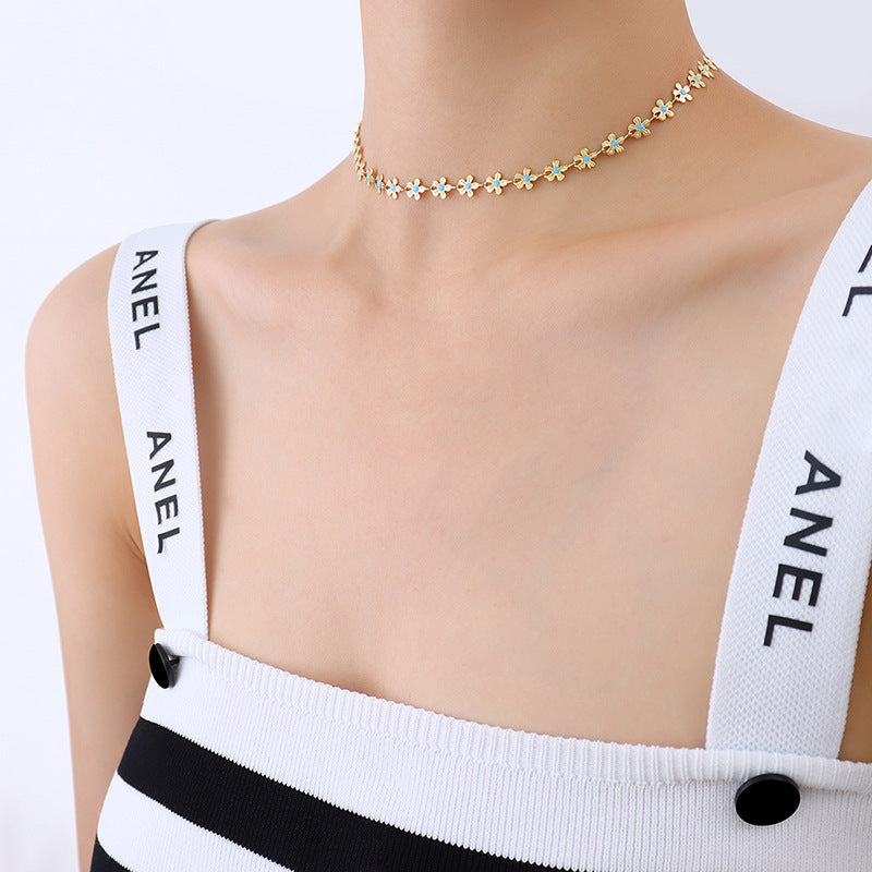 Wholesale 18k Gold Plated Flower Blue Oil Drop Necklace Bracelet Titanium Steel ACC-NE-MiLi005