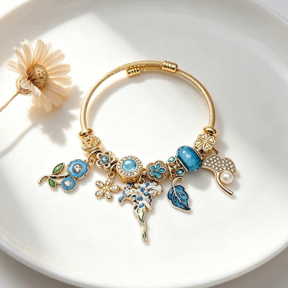 Wholesale Stainless Steel Electroplated Floral Butterfly Rhinestone Glass Bead Bracelet Trendy Women S Everyday Wear