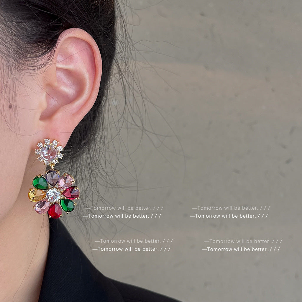 Wholesale Electroplated Colorful Gem Zircon Earrings Flower Earrings ACC-ES-Eryu009