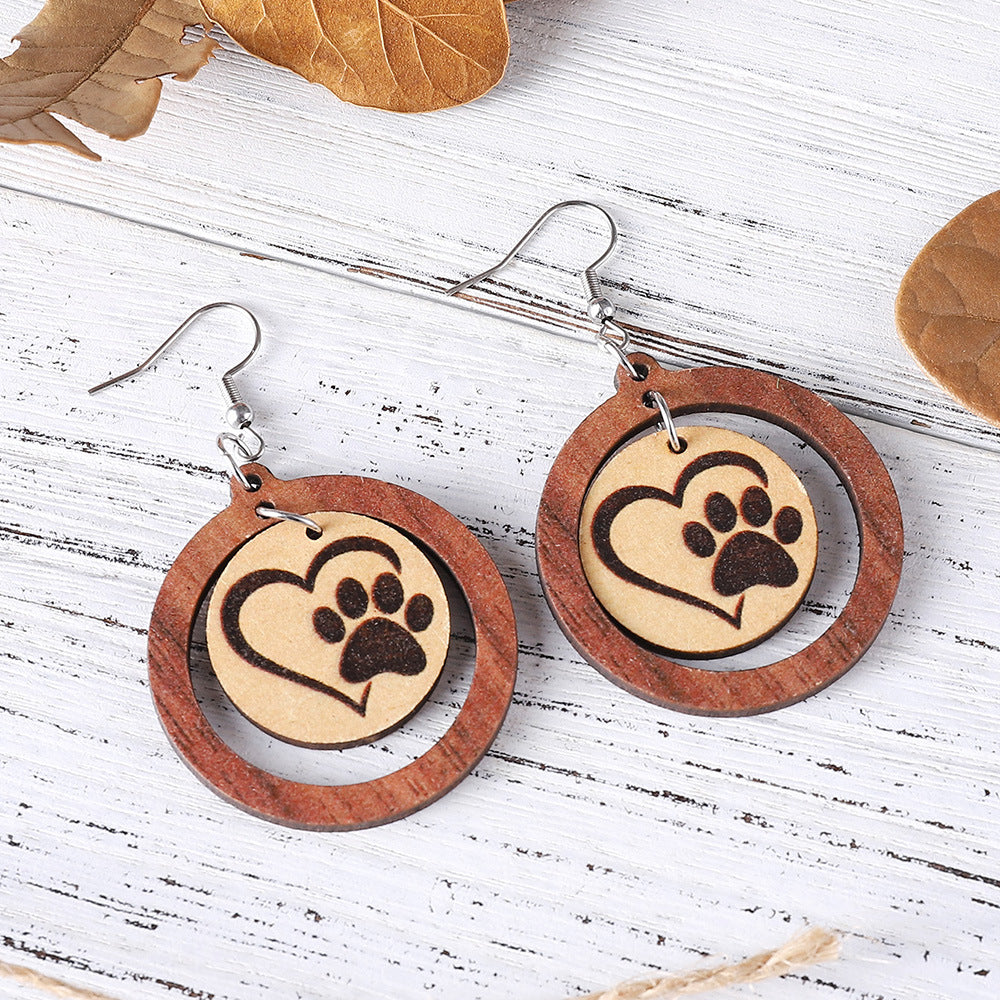 Wholesale  Paw Print  Double-sided Wooden Hanging Earrings
