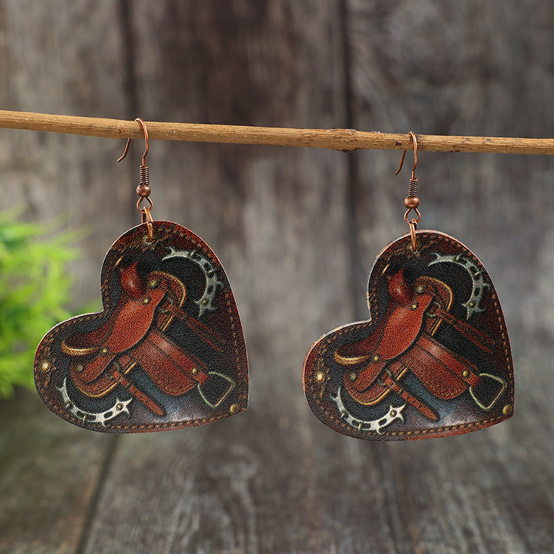 Wholesale Leather Retro Saddle Print Heart Earrings Western Style Fashion Accessory