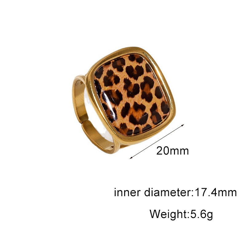 Wholesale Stylish Stainless Steel Open Ring For Women Leopard Print Wide Band Adjustable Jewelry Accessory