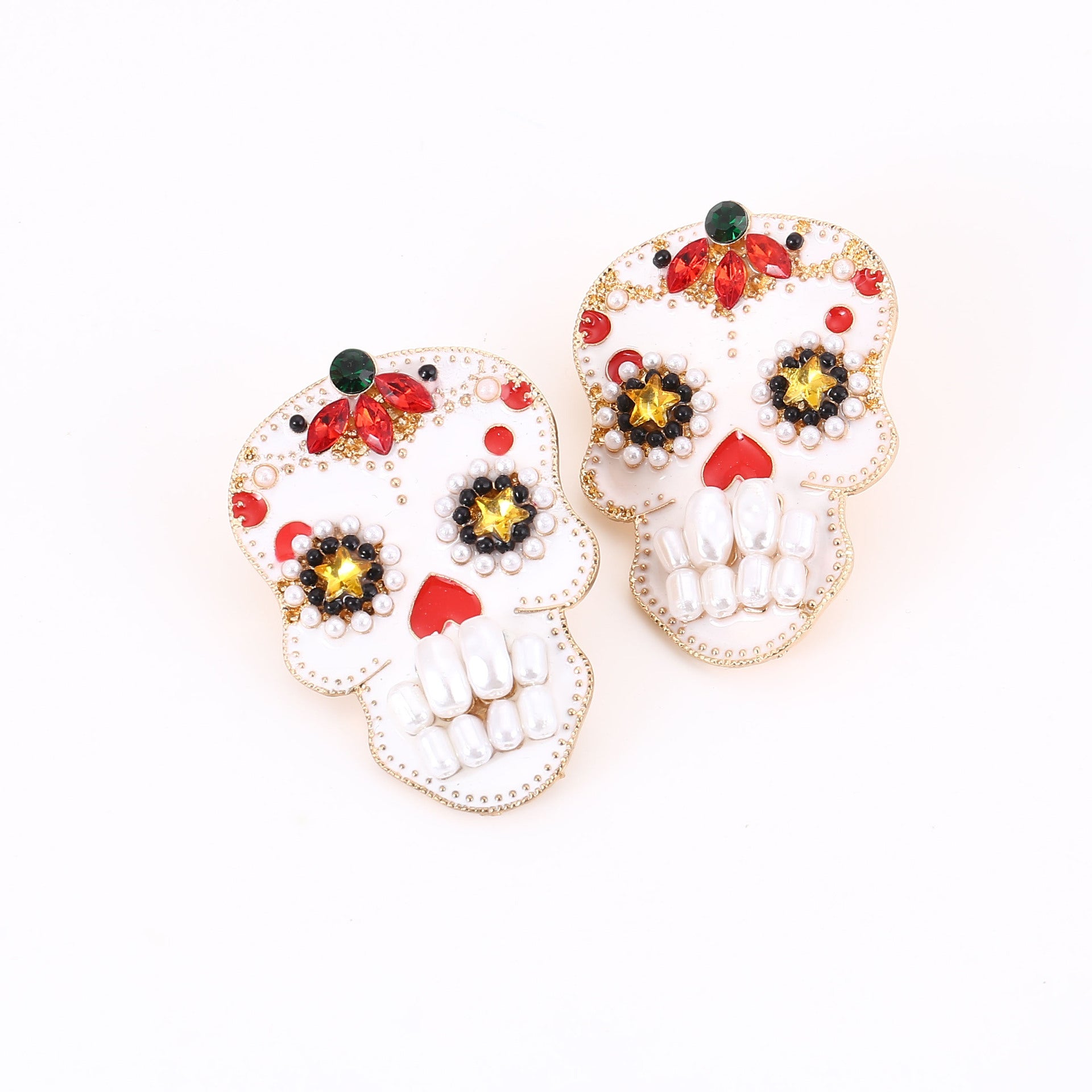Wholesale Skull Inlaid Pearl Metal Earrings