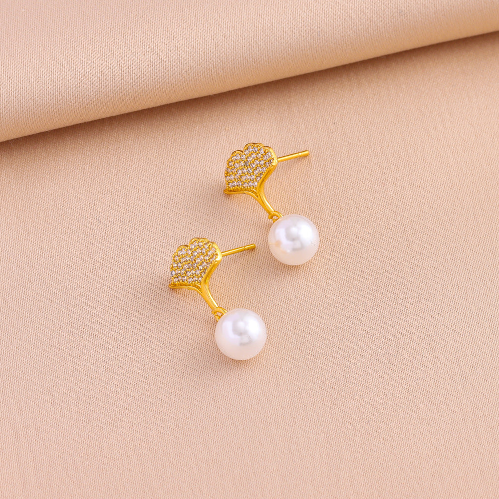 Wholesale  Titanium Steel Light Luxury  Micro-inlaid Ginkgo Leaf Pearl Necklace Earrings Set