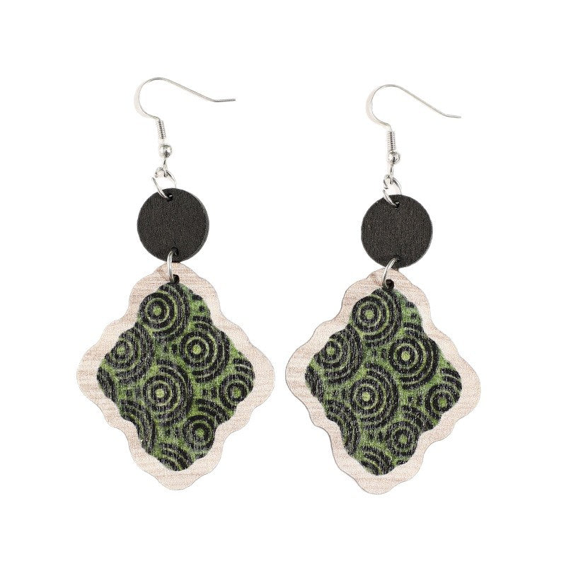 Wholesale Retro Green Swirl Pattern Bohemian Wooden Earrings Fashion Accessory Gift